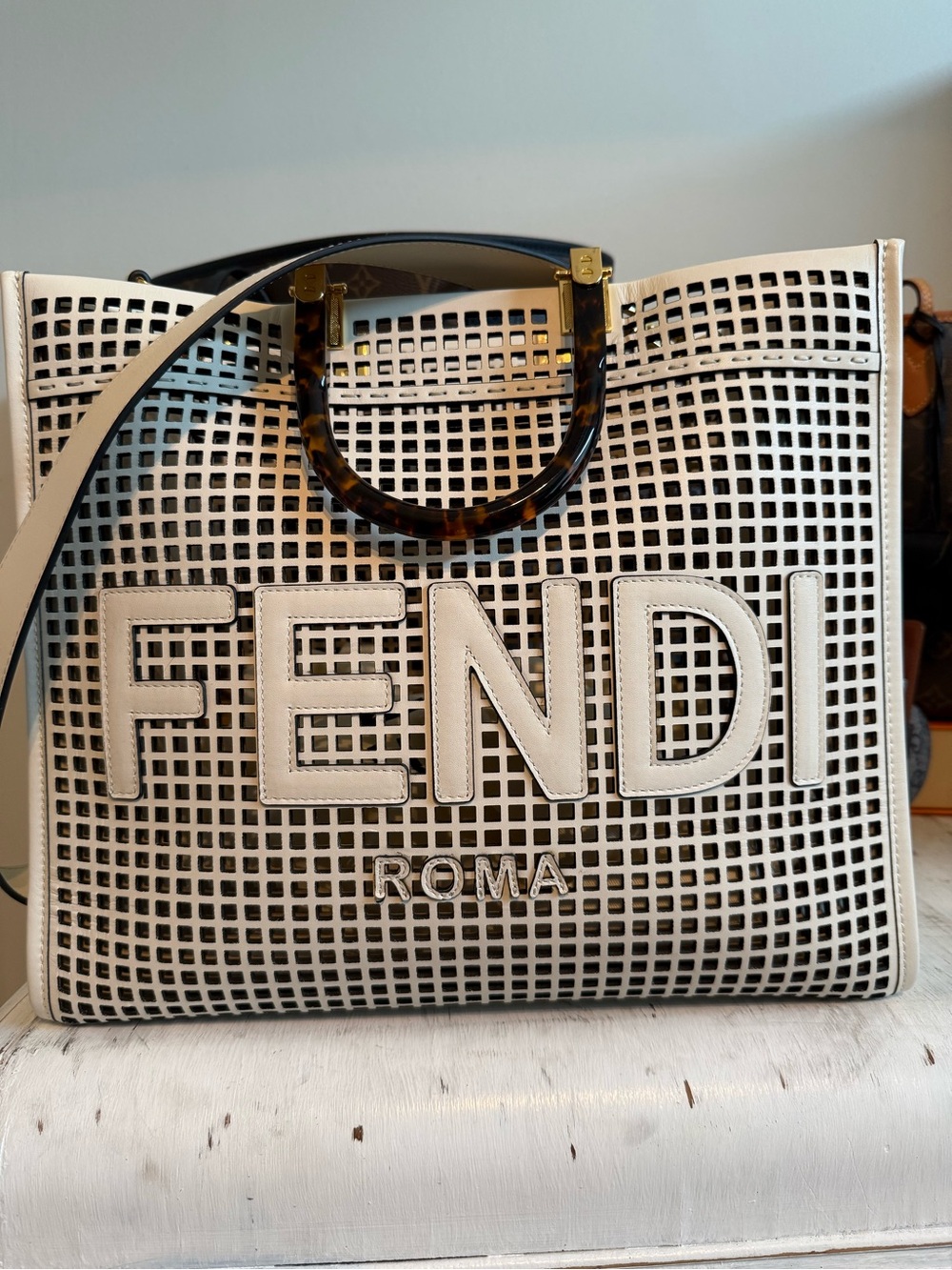 White Grid Leather Tote with Tortoiseshell Handles Crossbody Strap